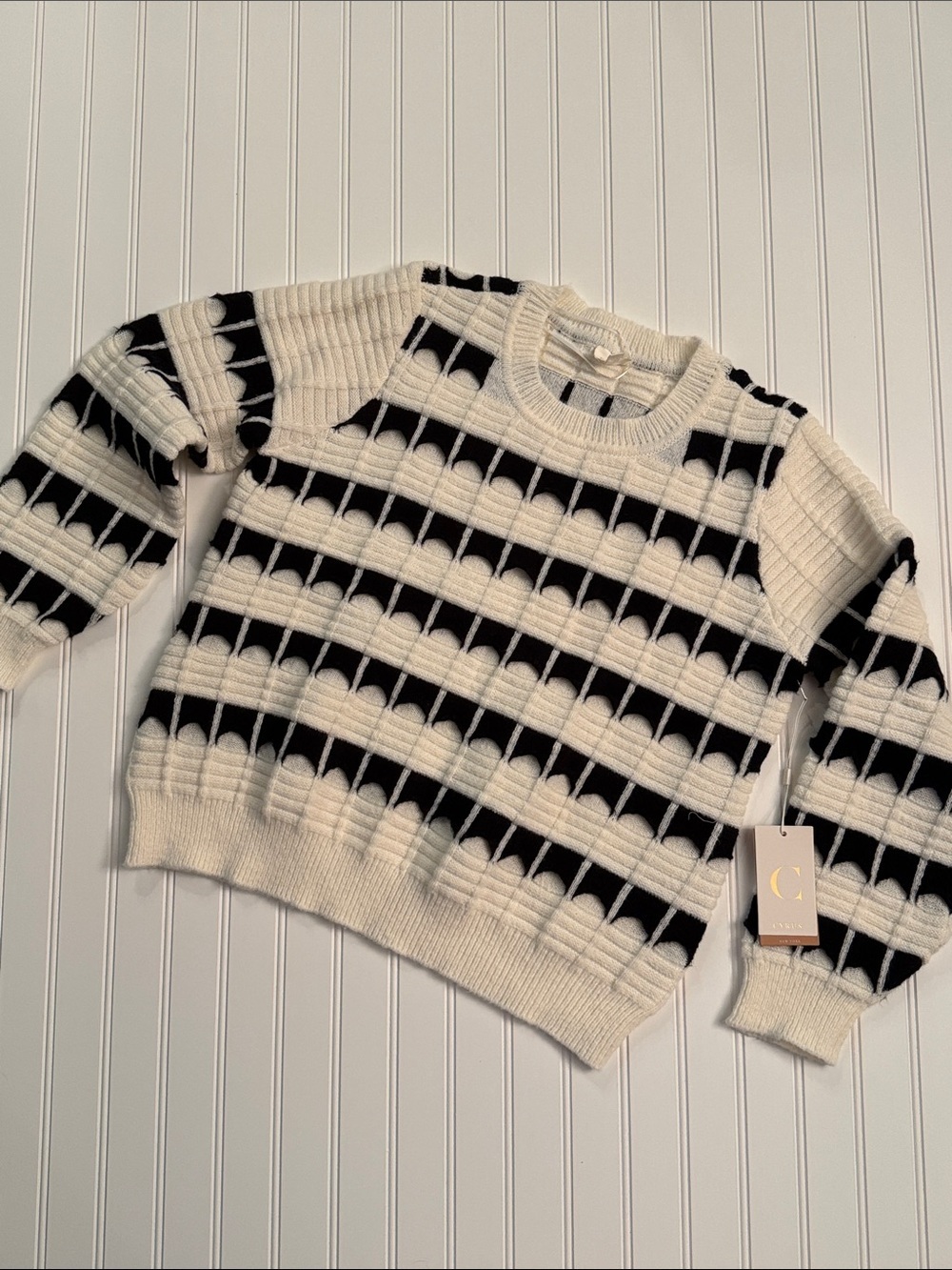 NWT Cyrus Chunky Textured Windowpane Crewneck Sweater XL Cream Black